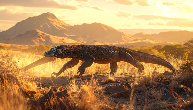 Komodo Dragon Walking in Savanna Landscape at Sunset