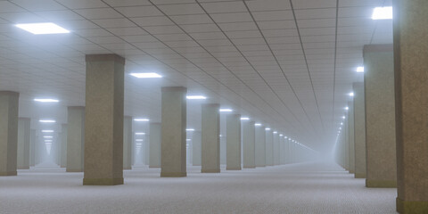 Naklejka premium Mysterious endless empty office space filled with thick fog concrete pillars dim fluorescent lights creating eerie liminal backrooms horror atmosphere 3d illustration