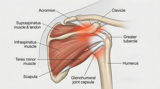 Anatomical diagram of the shoulder muscles and tendons with labeled