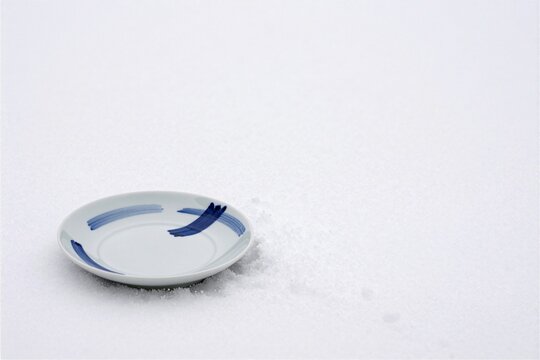 White porcelain small plate on fresh snowfield