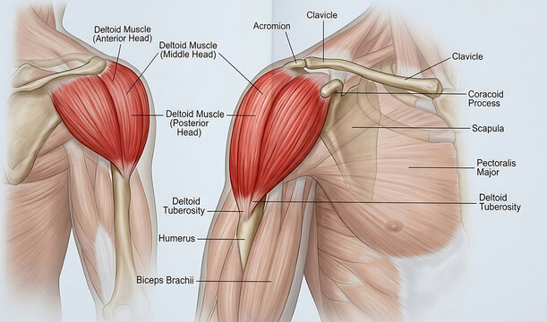 Anatomical illustration of the biceps muscles with labeled parts