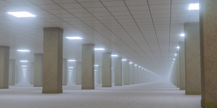 Mysterious endless empty office space filled with thick fog concrete pillars dim fluorescent lights creating eerie liminal backrooms horror atmosphere 3d illustration