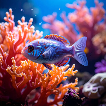 Colorful Tropical Fish Swimming Near Coral Reef in Blue Ocean