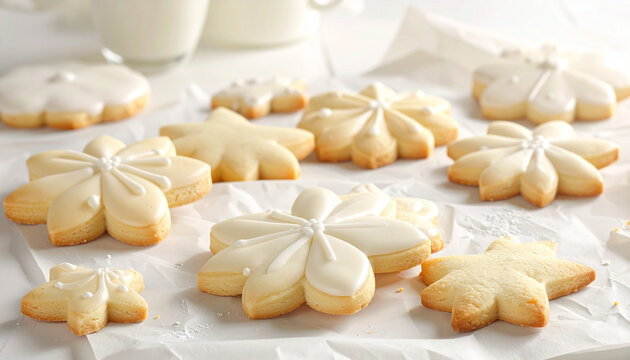 White Flower and Snowflake Sugar Cookies with Icing on Parchment