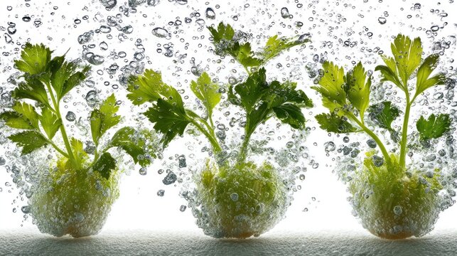 Three celery bases vigorously splash into clear bubbling water against a white background
