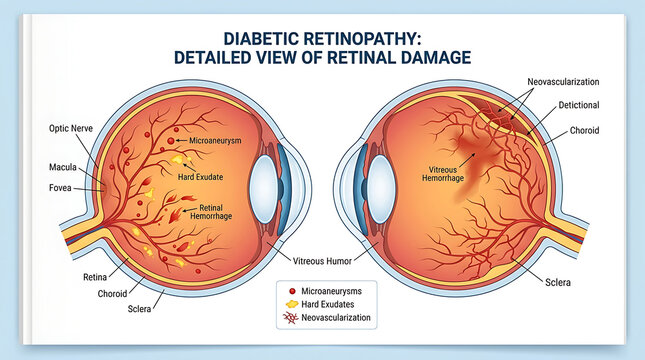 Diabetic retinopathy detailed view of retinal damage with diabetic