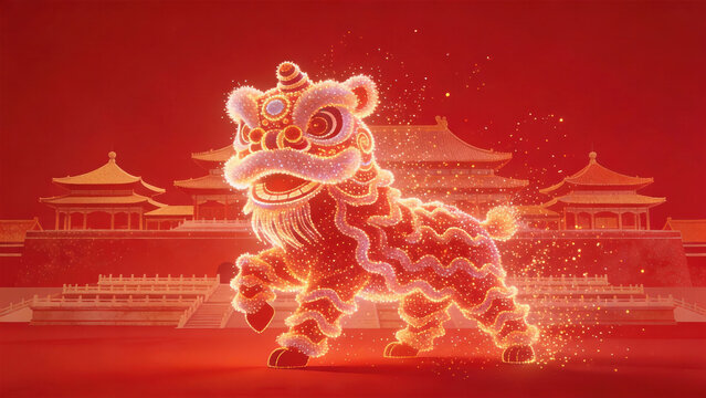 Illustration of a glowing golden lion dance figure with traditional Chinese architecture in the background, symbolizing celebration and cultural heritage.