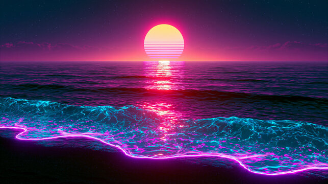 Neon retro sunset over ocean shoreline with glowing waves and vibrant synthwave colors, futuristic tropical seascape inspired by vaporwave aesthetic