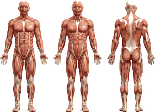 Full body human muscular system vector illustration showing anterior and posterior views of male anatomy chart