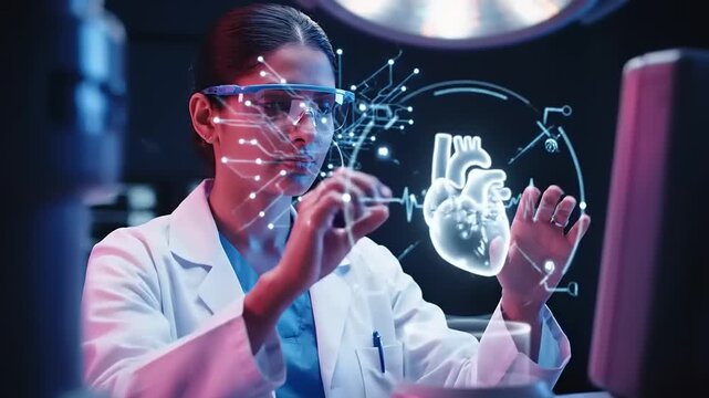 Female Scientist Examines Virtual Anatomy.