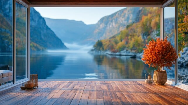 Serene Open-Air Pavilion Overlooking Norwegian Fjord at Dawn with Minimalist Design