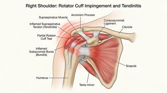 Right shoulder rotator cuff implants and tendons with shoulder