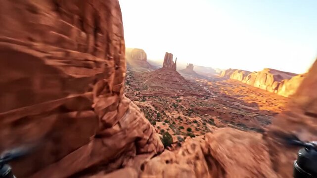 Red rock canyon desert landscape with sandstone formations, aerial sunrise views, dramatic cliffs, adventure, nature, outdoor exploration, arid terrain, rugged geology, erosion, and scenic sunlight