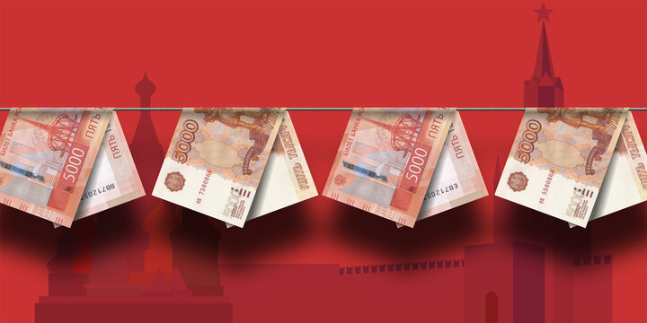 5000 rubles banknotes hanging on rope. Economic banner. Russian Federation. Money laundering. Financial illustration. Criminal shadow economy. Fight against illegal business. Russia and corruption