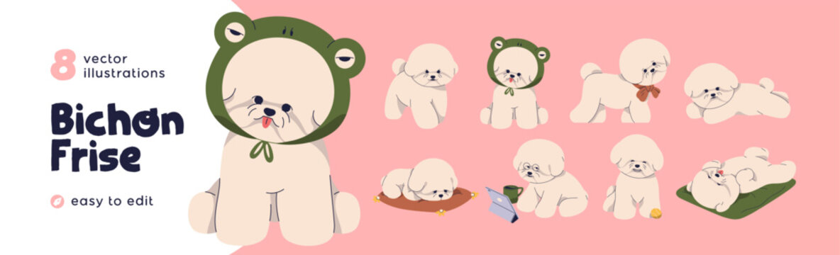 Cute fluffy puppy of Bichon Frise breed set. Funny baby dogs, little canine animals playing, walking, sleeping, relaxing. Happy toy doggies, sweet pups activities. Isolated flat vector illustrations