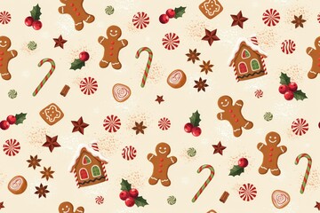 Naklejka premium Christmas seamless pattern with gingerbread houses, men, candy canes, holly berries, star anise, and peppermint candies on a light cream background