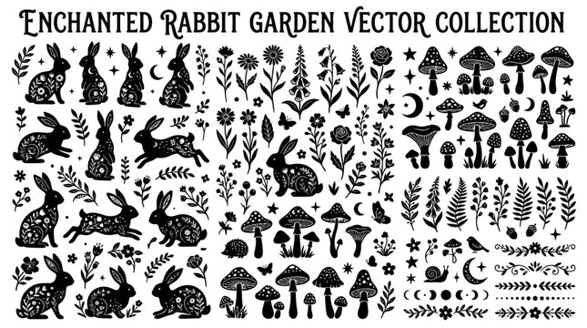 Black silhouette rabbit garden vector icons.