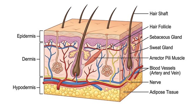 Detailed diagram of human skin structure with labeled layers