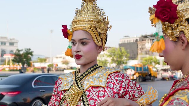 Thai Khon Classical Dancers in Traditional Costume at Wat Suthat Bangkok