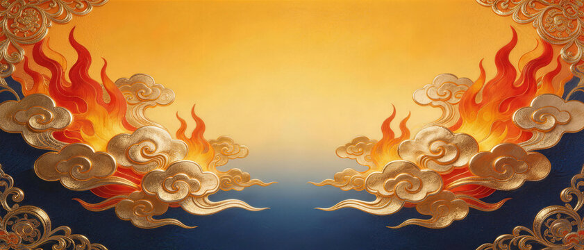 Ornamental Chinese background with golden clouds, red flames, and blue backdrop, symbolizing good fortune and traditional art.