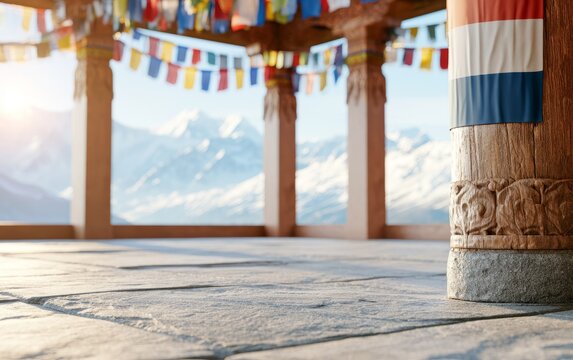 Serene Open-Air Yoga Shala Against Himalayan Mountains at Sunrise