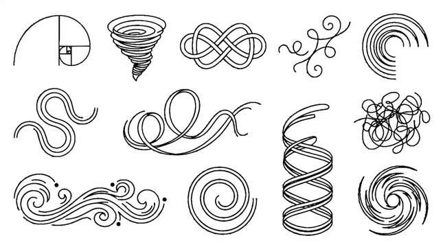Collection of hand drawn spiral and swirl line art elements including golden ratio and tornado shapes.