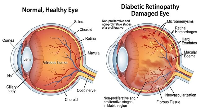 Comparison of normal healthy eye and diabetic retinopathy damaged eye