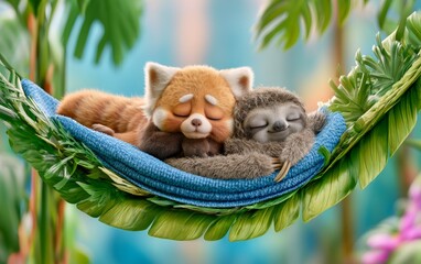 Fototapeta premium Cute Tiny Baby Red Panda and Sloth Sleeping in Jungle Hammock