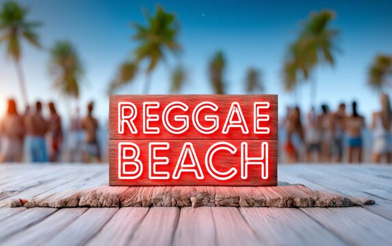 Neon Reggae Beach Sign on Driftwood Stage at Caribbean Tropical Scene