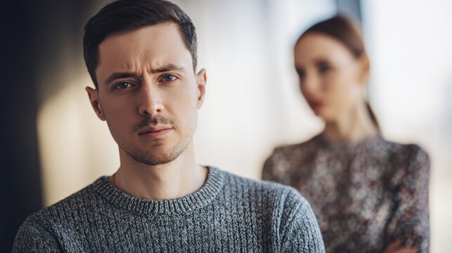 Man and woman in a tense situation with differing expressions indoors