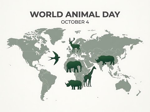 Colorful world animal day poster with wildlife silhouettes and global map illustration