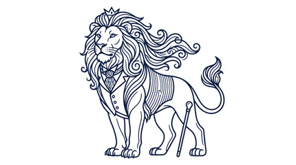 Obraz premium Majestic lion wearing a formal suit and crown, holding a cane, exuding regal confidence and sophisticated style