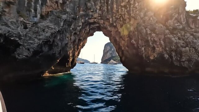 Natural stone arch over blue sea water under bright sun