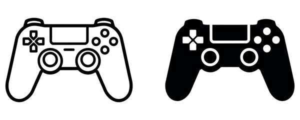 Minimalist gamepad controller icons in outline and solid black style for gaming interface design. © Akram