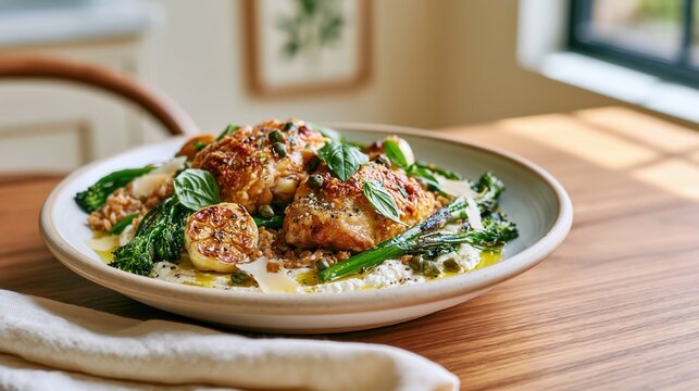 Roasted chicken thighs with broccolini and capers served on creamy sauce