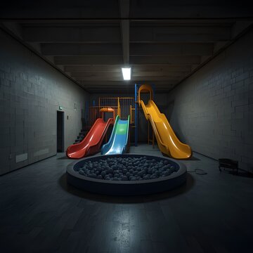 Strangely quiet indoor playground with colorful slides and ball pit liminal space