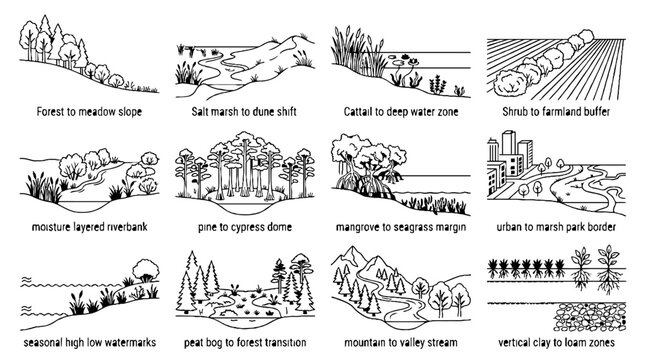 Collection of ecological transition zone sketches showing various natural landscape gradients and wetland ecosystems.