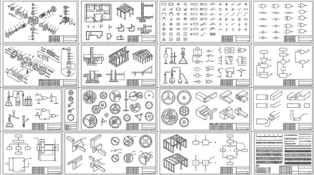 Various technical engineering design blueprints.