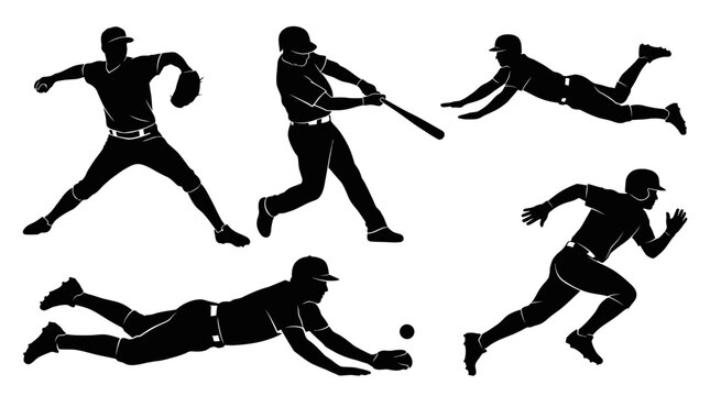 Black silhouette of baseball players in action, pitcher throwing, batter swinging, runner sprinting and fielders diving, perfect for sports illustrations, team branding and athletic event promotions