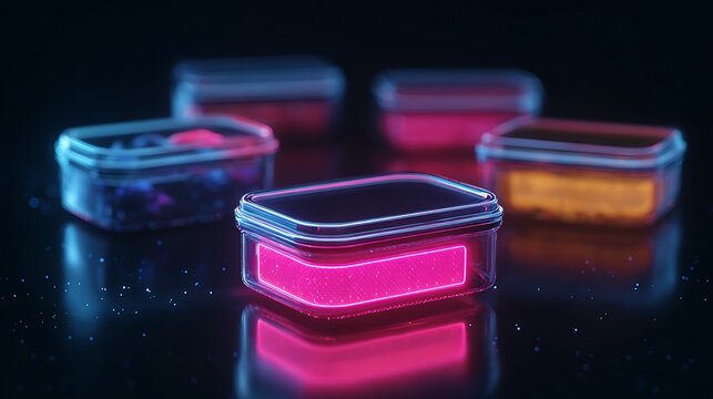 Neon illuminated transparent plastic containers on a dark reflective surface.