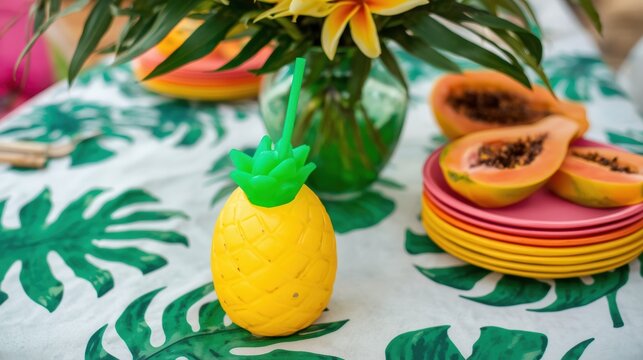 Pineapple cup with fresh papaya fruit on a tropical palm leaf print table cover