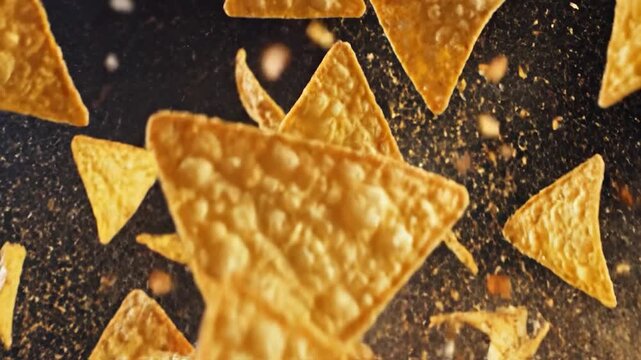 Golden corn tortilla chips falling against a black background