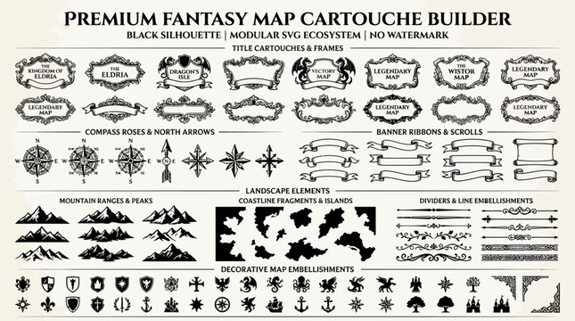 Premium Fantasy Map Cartouche Builder Elements.
