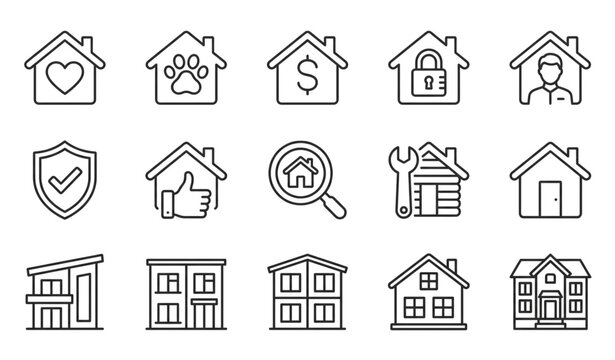 Real estate and smart home outline icons set isolated on white background thin line stroke vector illustration residential property leasing design