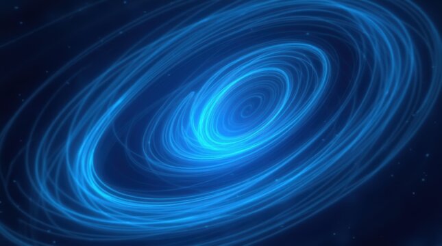 Glowing blue light swirls forming a digital galaxy vortex in deep dark space