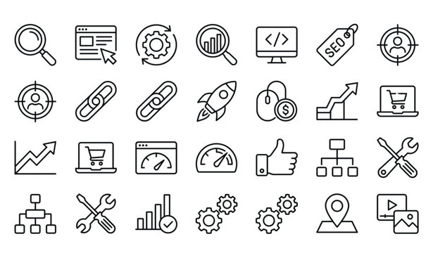 SEO and digital marketing outline icons set isolated on white background thin line stroke vector illustration website optimization business growth design