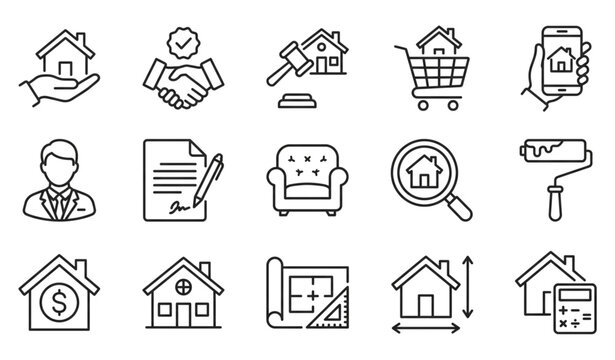 Real estate business and property investment outline icons set isolated on white background thin line stroke vector illustration home construction mortgage design