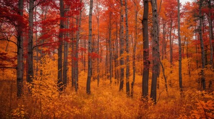 Fototapeta premium Autumn forest landscape with vibrant red and orange foliage, dense woodland of tall trees during fall season, scenic nature background with warm autumnal colors