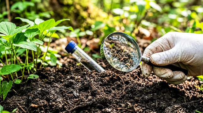 Close-up of gloved hand using a magnifying glass to inspect soil and a test tube near young plants.