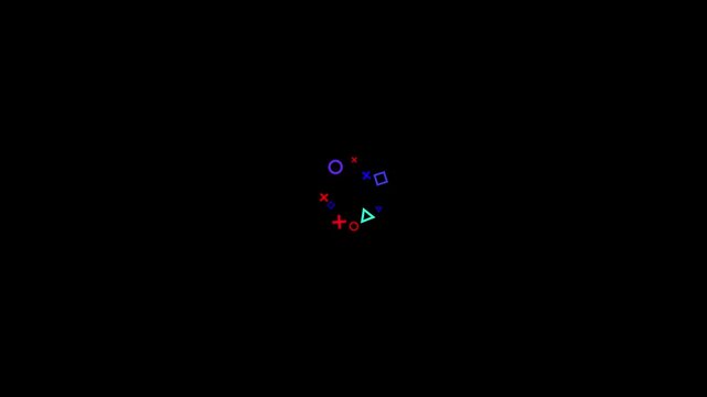 Abstract colorful geometric gaming symbols including circle square triangle cross icons arranged in a circular ring on black background
